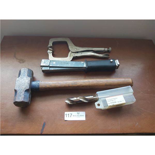 Prime Stapler, Sledgehammer (4 Pound) & 1/2" Shank Prentice Drill Bit With Vice Grip.