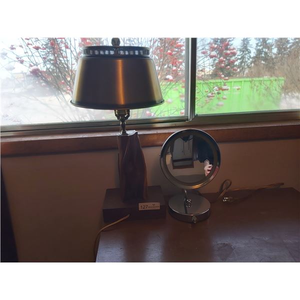 Wooden Table Lamp & Vintage Make-up Mirror