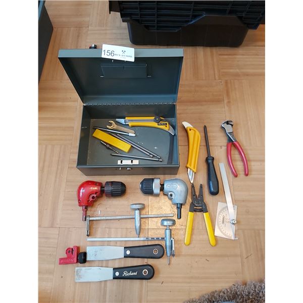 Metal Box With Drill Bits & Assorted Tools