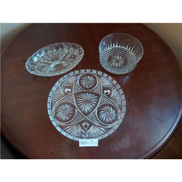 Two Glass Serving Platers & Bowl