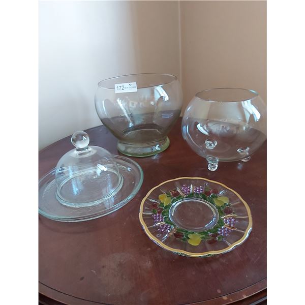 Two Large Decorative Bowls With Cheese Platter & Small Fruit Plate