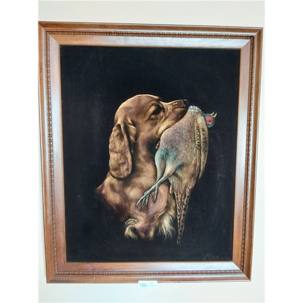 Velvet Painting Of Dog With Bird  By Davey