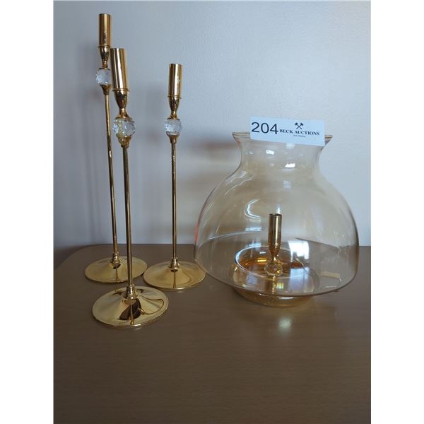 Three Brass/Crystal Candleholder & One Hurricane Candleholder