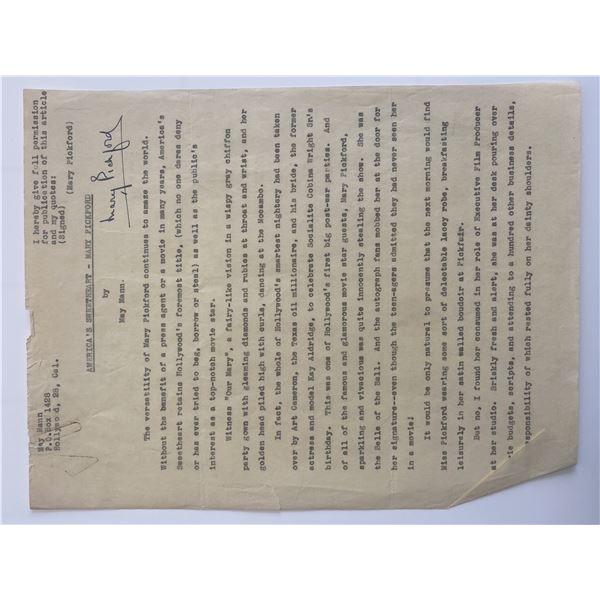Mary Pickford signed document