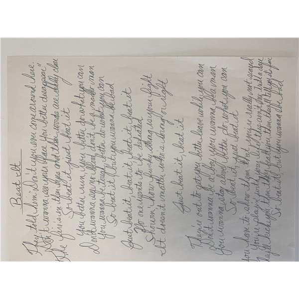 Michael Jackson signed Beat It lyrics. GFA authenticated