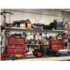 Image 1 : 2 MASTERCRAFT TOOL BOXES AND LARGE TABLE TOP & UPPER SHELF FULL OF TOOLS, HARDWARE AMD