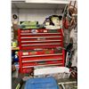 Image 3 : 2 MASTERCRAFT TOOL BOXES AND LARGE TABLE TOP & UPPER SHELF FULL OF TOOLS, HARDWARE AMD