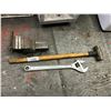 Image 1 : GROUP OF 3 TOOLS-BENCH VISE, SLEDGE HAMMER AND HUGE CRESCENT WRENCH