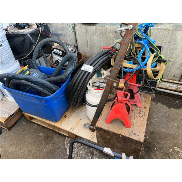 PALLET OF MISCELLANEOUS ITEMS-PROPANE TANKS, JACK STANDS, HEAVY DUTY ROLL COPPER WIRING, ETC.