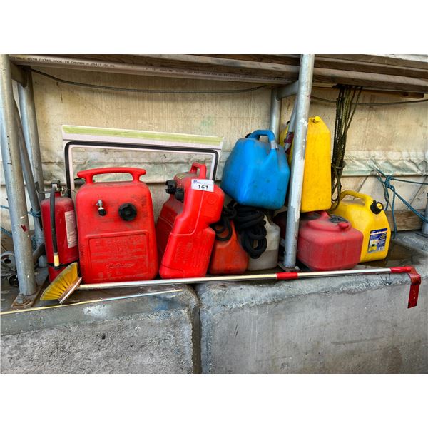 GROUP OF MARINE FUEL TANKS, JERRY CANS, FIRE EXTINGUISHER & ROPE