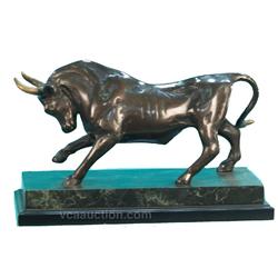 Bronze Bull Statue On Marble & Wood Base - 12" x 8-1/2"