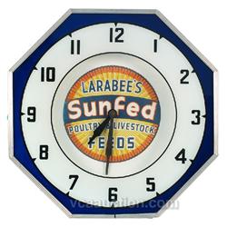 Larabee's Sunfed Feeds Neon Clock,