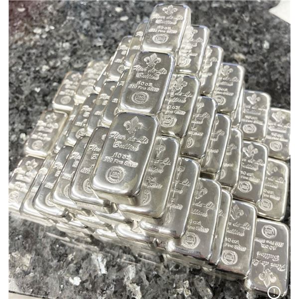 Fleur De Lis Poured .999 Silver Proof 10 ozt Bars (50-bars)