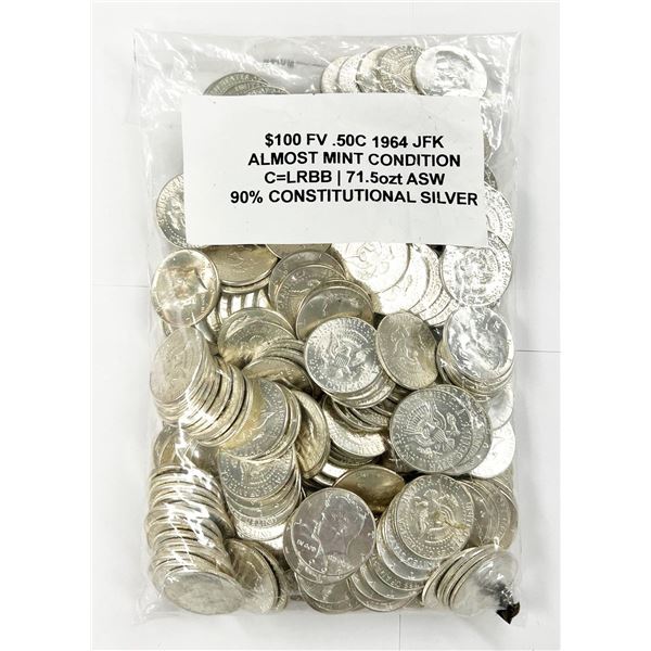 United States Constitutional 90% Silver Almost Mint JFK 50 Cents $100 (200-coins)