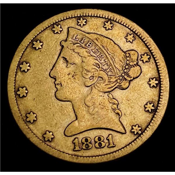Good Luck Coin! 1881 Liberty Head Gold $5 VG Details