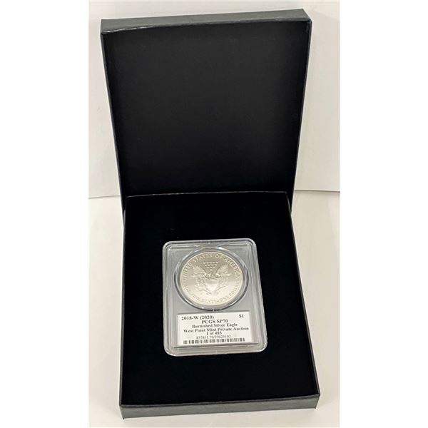 2018-W Burnished (2020 WP Mint Private Auction) American Silver Eagle PCGS SP70 Sig. By Paul C Balan