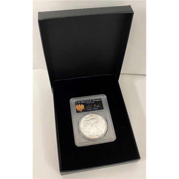 2018-W Burnished (2020 WP Mint Private Auction) American Silver Eagle PCGS SP70 Sig. By Paul C Balan