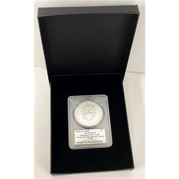2018-W Burnished (2020 WP Mint Private Auction) American Silver Eagle PCGS SP70 Sig. By Paul C Balan
