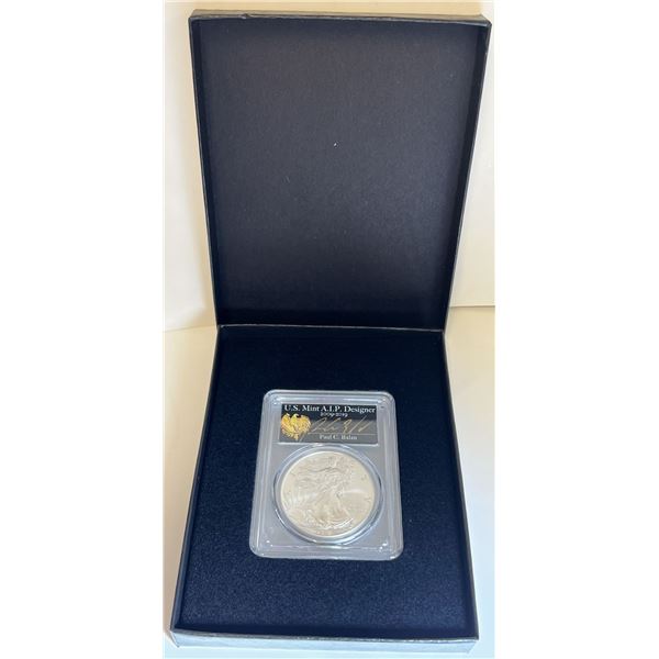 2018-W Burnished (2020 WP Mint Private Auction) American Silver Eagle PCGS SP70 Sig. By Paul C Balan