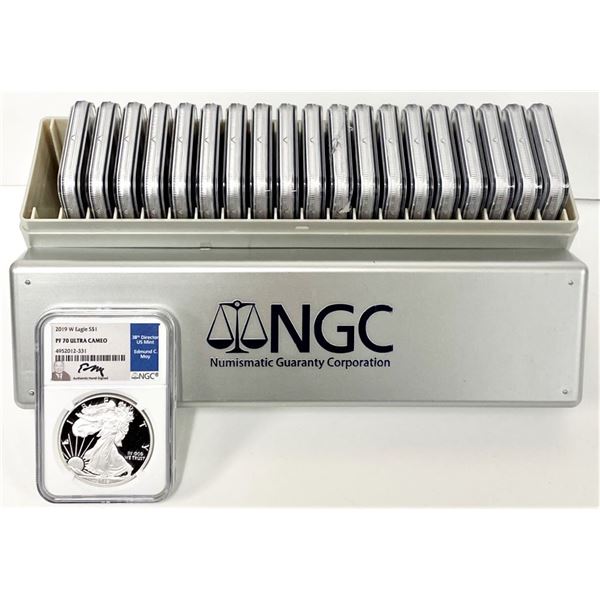 Box (20) 2019-W American Silver Eagle NGC PF70 Ultra Cameo Signed By Edmund C. Moy