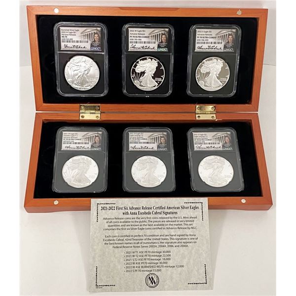 2021/2022-S/W American Silver Eagle NGC MS/PF 70 (6-coin) Set Signed By Anna Escobedo Cabral