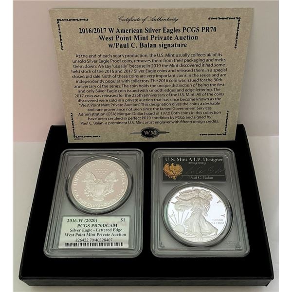 (2-coins) 2016/17-W American Silver Eagle PCGS PR70 DCAM Signed By Paul C. Balan