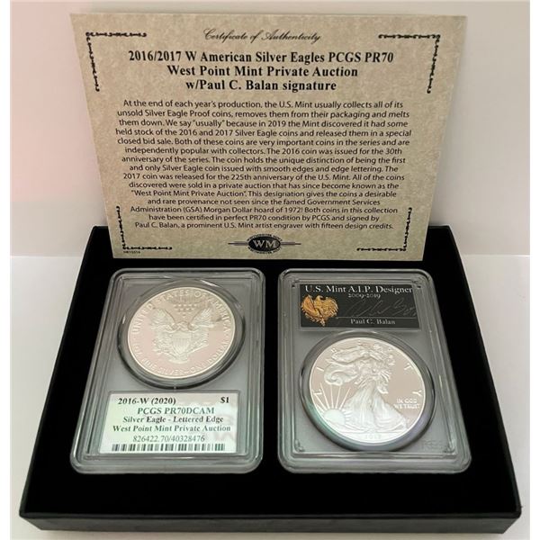 (2-coins) 2016/17-W American Silver Eagle PCGS PR70 DCAM Signed By Paul C. Balan