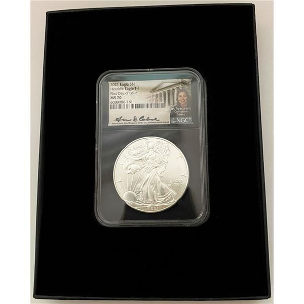 2021 American Silver Eagle NGC MS70 First Day Of Issue Signed By Anna Cabrel