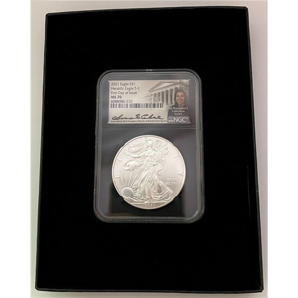 2021 American Silver Eagle NGC MS70 First Day Of Issue Signed By Anna Cabrel
