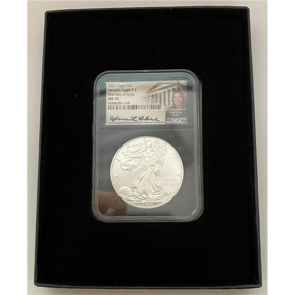 2021 American Silver Eagle NGC MS70 First Day Of Issue Signed By Anna Cabrel