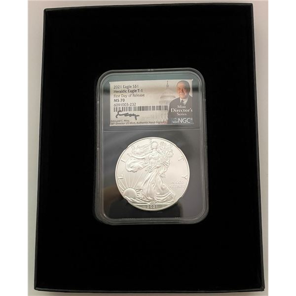 2021 American Silver Eagle NGC MS70 First Day Of Release Signed By Edmund C. Moy