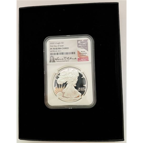 2020-S American Silver Eagle NGC PF70 Ultra Cameo First Day Of Issue Signed By Anna Cabral