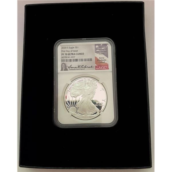 2020-S American Silver Eagle NGC PF70 Ultra Cameo First Day Of Issue Signed By Anna Cabral
