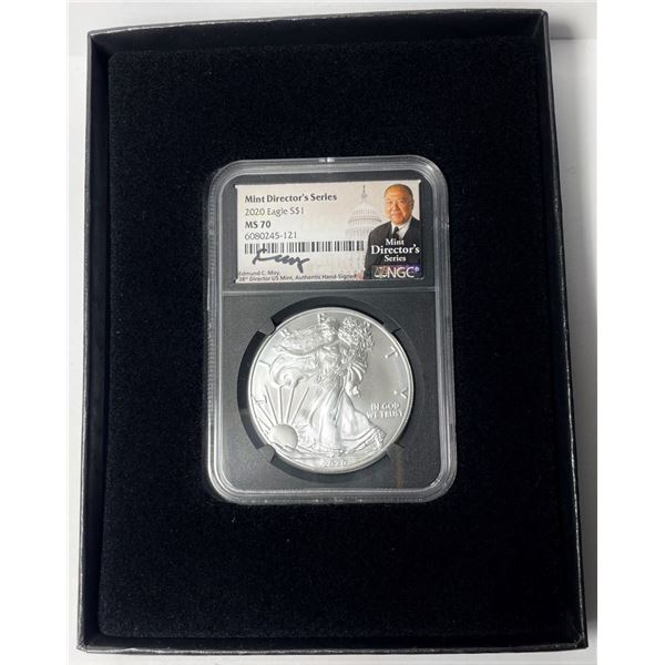 2020 American Silver Eagle NGC MS70 Mint Director's Series Signed By Edmund C. Moy