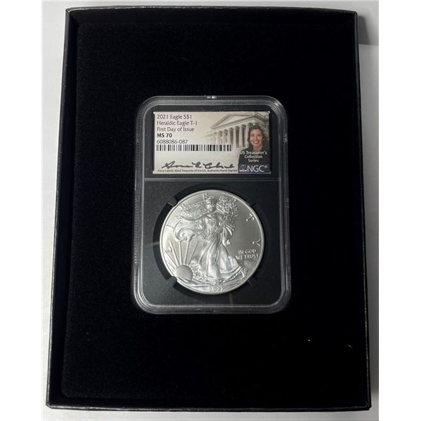2021 American Silver Eagle NGC MS70 First Day Of Issue Signed By Anna Cabral