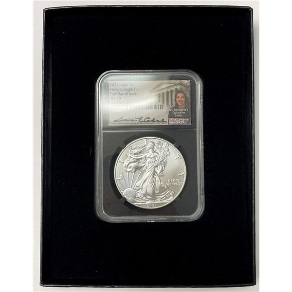 2021 American Silver Eagle NGC MS70 First Day Of Issue Signed By Anna Cabral