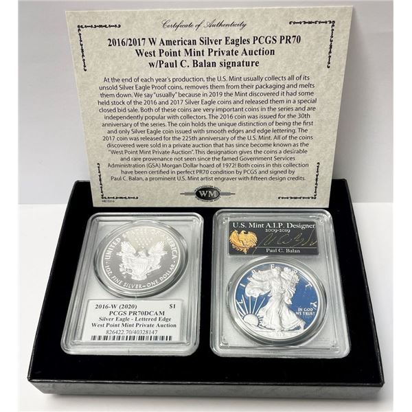 (2-coins) 2016/17-W American Silver Eagle PCGS PR70 DCAM Signed By Paul C. Balan