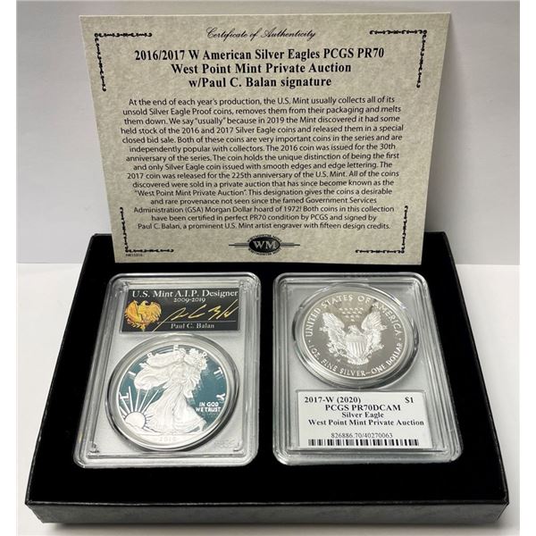 (2-coins) 2016/17-W American Silver Eagle PCGS PR70 DCAM Signed By Paul C. Balan