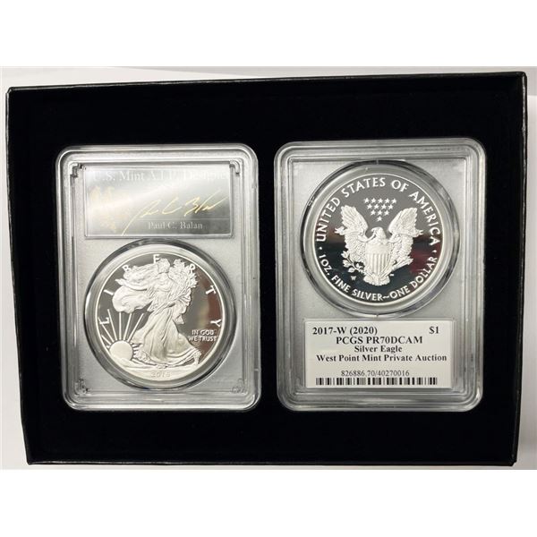 (2-coins) 2016/17-W American Silver Eagle PCGS PR70 DCAM Signed By Paul C. Balan