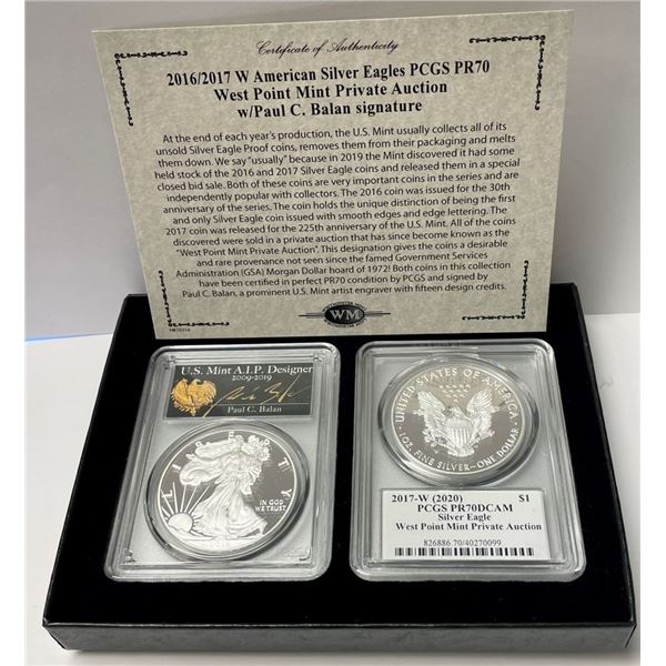 (2-coins) 2016/17-W American Silver Eagle PCGS PR70 DCAM Signed By Paul C. Balan