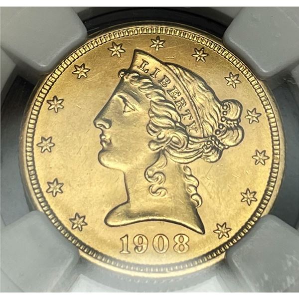 Last Minute! 1908 Gold $5 Liberty Head NGC MS62