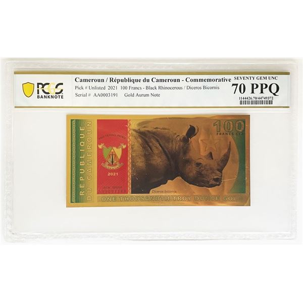 Gold One Thousandth ozt Cameroun 100 Francs PCGS 70 PPQ