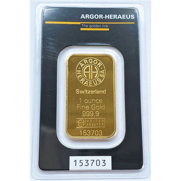 Kinebar 1 ozt Argor-Heraeus .9999 Gold Bar