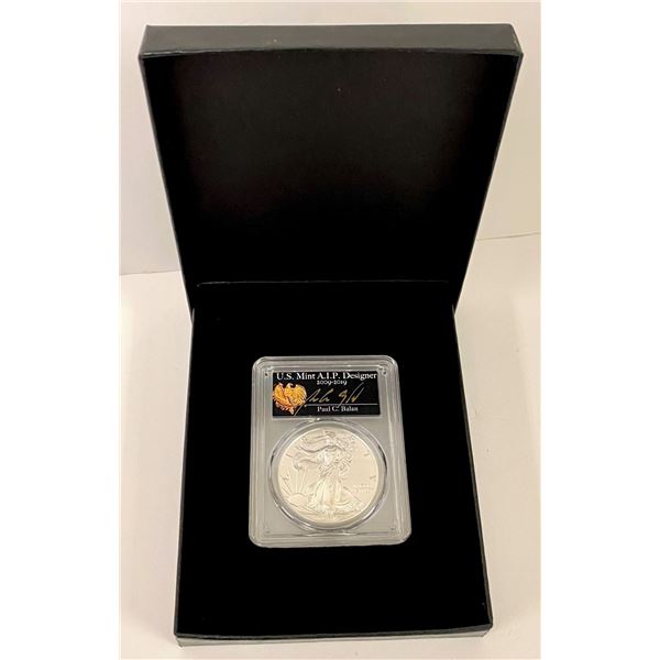 2018-W Burnished (2020 WP Mint Private Auction) American Silver Eagle PCGS SP70 Sig. By Paul C Balan