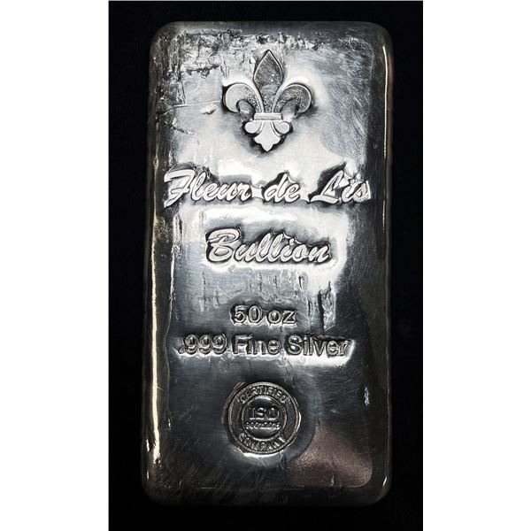 (1) 50 ozt Fleur De Lis Bullion Bar .999 Fine Silver