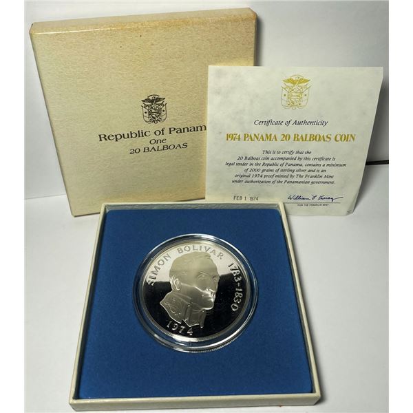 Vintage 1974 Proof Panama 20 Balboa Sterling Silver