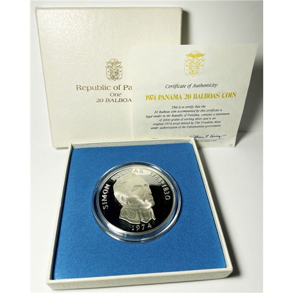 Vintage 1974 Proof Panama 20 Balboa Sterling Silver