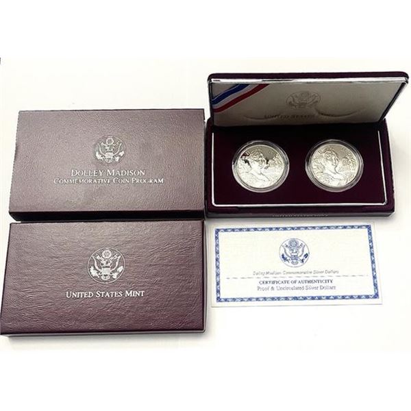 1999 Dolley Madison Commemorative Proof And UNC Silver Dollars (2-coins)