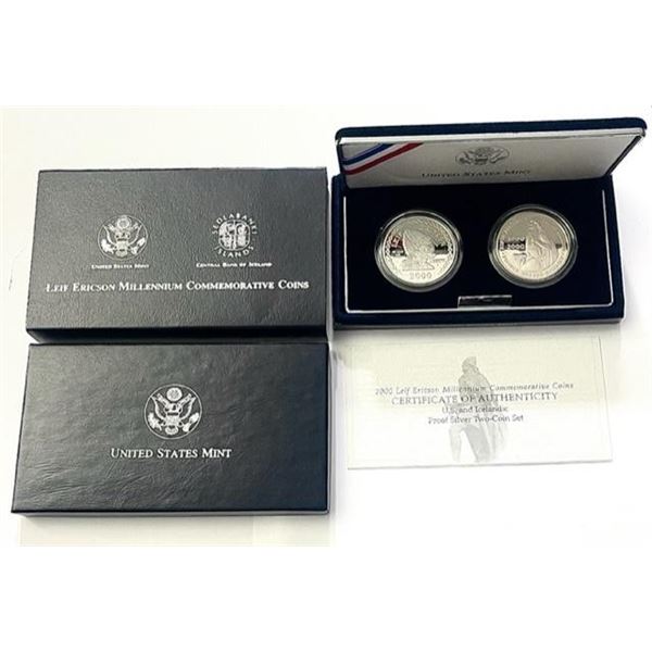 2000 Leif Ericson Millennium Commemorative Proof Silver Dollars (2-coins)