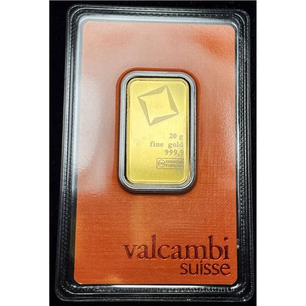 Last Minute! Valcambi Suisse 20 Gram .9999 Gold Bar